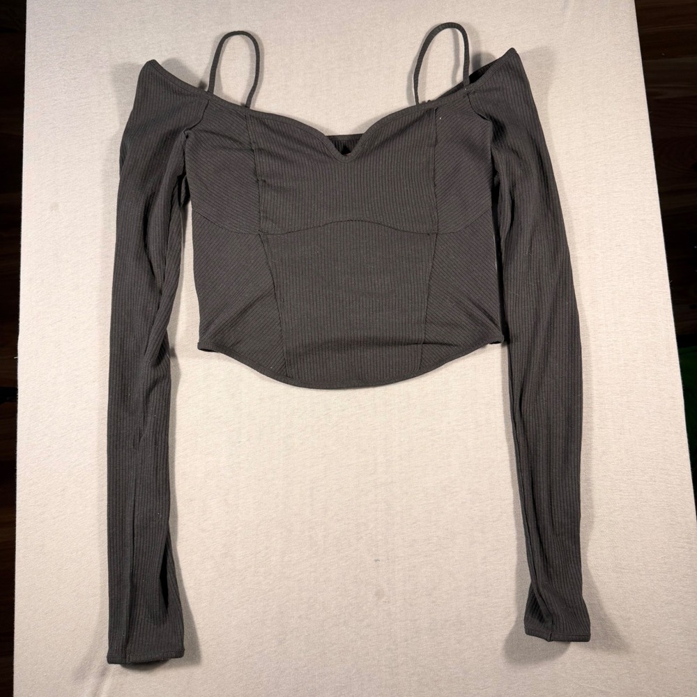 Urban Outfitters Ribbed Corset Off The Shoulder Long Sleeve Top Black Large NEW